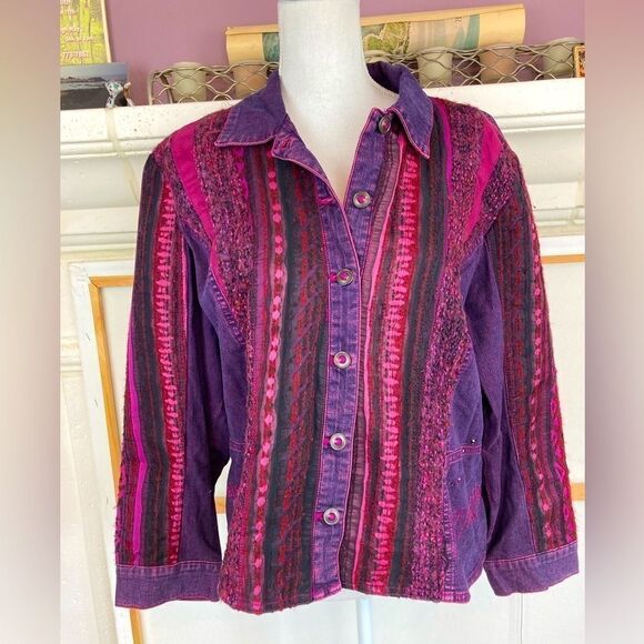Nancy Bolen VTG unique mixed woven bohemian and denim jacket. Blinged buttons. - Picture 1 of 12